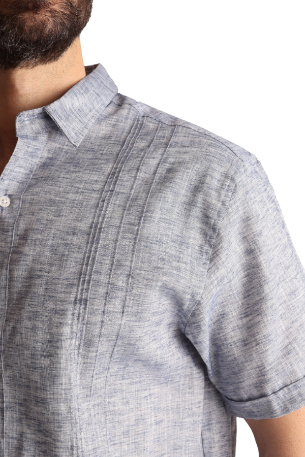 Camisa Tipo Guayabera Azul Marino Manga Corta Look Lino Para Caballero